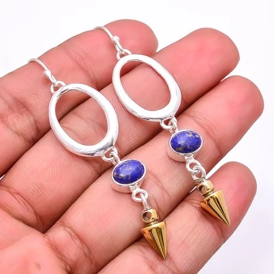 Copper Lapis Lazuli 925 Sterling Silver Two Tone Arrow Head Earring 2.73" E36 - Image 1 of 4