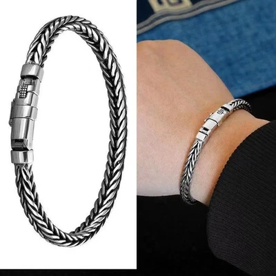 Mens Simple Heavy Retro Braided Chain Buckle Cuff Bracelet Secure Push Clasp NEW - Image 1 of 4