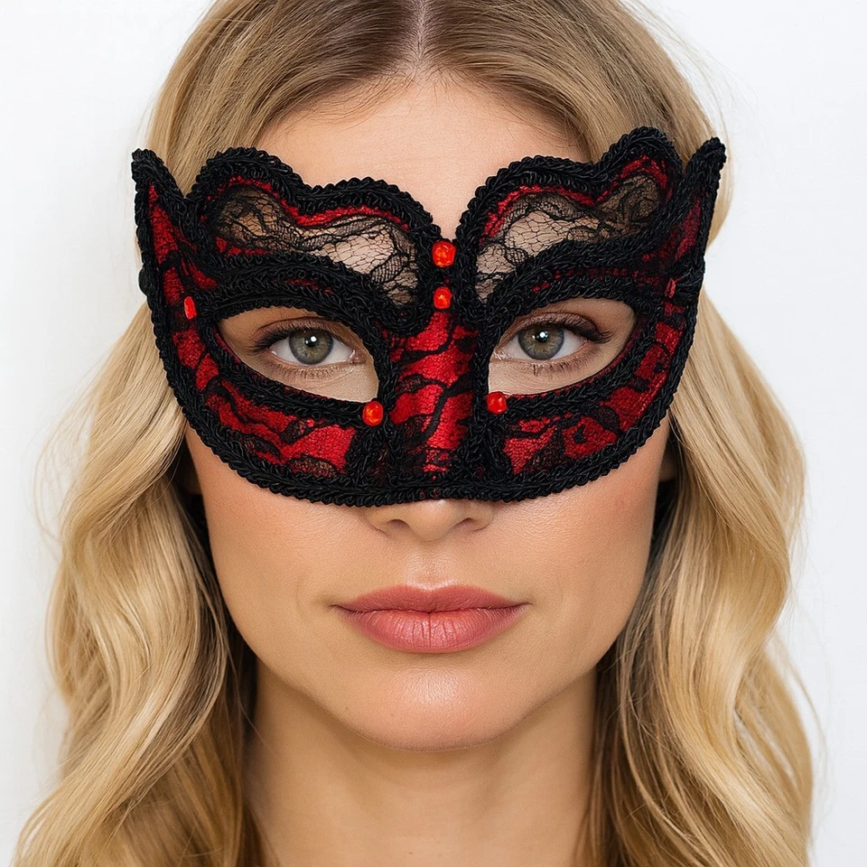 Máscara facial de encaje rojo Disfraz de Halloween Fiesta Mascarada Elegante Bruja Foto 1 de 1