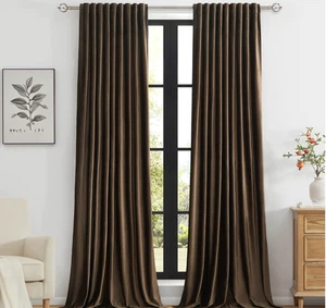 Brown Velvet Curtains 2 Panels Set 52 x 96 in Back Tab Thick Blackout Thermal - Picture 1 of 3