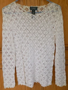 Lauren Ralph Lauren Damen Gr. M weiß handgestrickt L/S Häkeloptik Top - Bild 1 von 3
