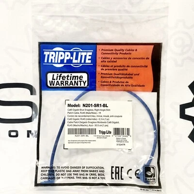 Lot of 2 Tripp Lite N201-SR1-BL Cat6 Gigabit Blue Right-Angle Slim Patch Cable - Image 1 of 4
