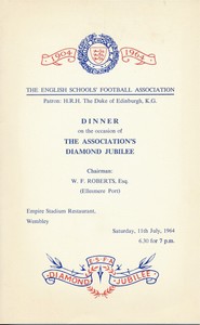MENU CARD - England Schools Diamond Jubilee Dinner @ Wembley Stadium 1964