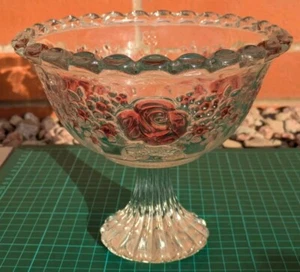 Vintage Glas Fußschale satiniert Rosen Design Top Zustand 15,5 cm hoch - Bild 1 von 10
