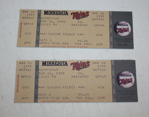 Minnesota Twins Ticket Stub | May 26 1999 | Ken Griffey Jr 369th Career HR Cover