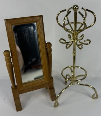 LOT Vintage Dollhouse Miniatures Full Length Mirror Wood & Brass Hall/Coat Tree - Image 1 of 4