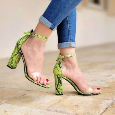 Women's Neon Snakeskin Ankle Strap Chunky Heel - Image 1 of 4