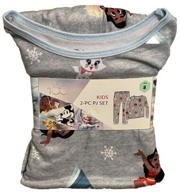 Disney 100 Kids 2шт пижамы комплект уютно подходит LS Топ брюки PJs серый печать девочек 8 новый - Изображение 1 из 4