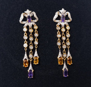 18ct gold drop earrings bow design, amethyst, diamond, citrine 9.4g, 49mm