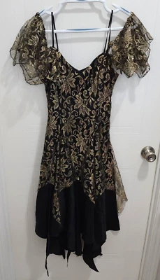 Vestido Vintage Años 80 Matiz Negro/Dorado Tul Dobladillo Entrecortado Stevie Nicks Hada Bruja 8 Foto 1 de 4