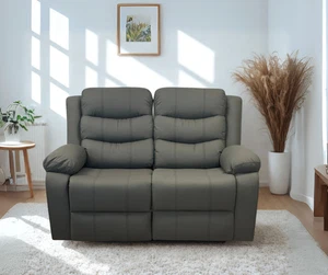 Grey Leather Manual Recliner 2 Seater Sofa + Optional Storage Ottoman - Picture 1 of 5