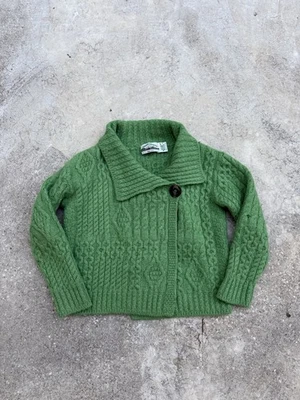 Aran 工艺毛衣 100% 美利奴羊毛开衫电缆针织绿色中号缺陷* — 第 1/4 张图片