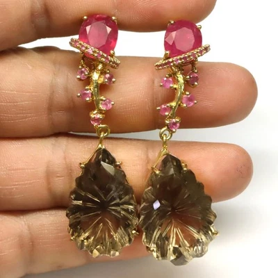 Giff For Her 925 Silver 19 x 28 mm. Smoky Quartz, Ruby & Sapphire Earrings - Image 1 of 4