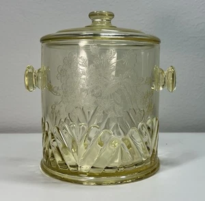 Vintage Depression Yellow Amber Glass Ice Bucket With Lid Etched Floral Design - Picture 1 of 9