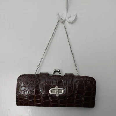 Brown Mock Croc Clutch Purse Wallet Pockets 3 Compartments + Chains Strap NEW - Image 1 of 4