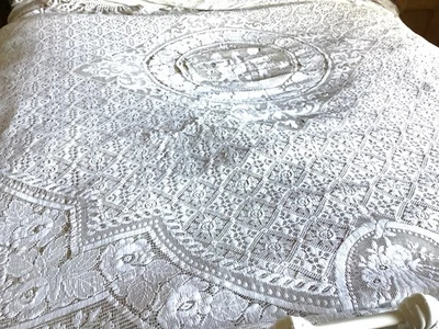 Vintage Ivory White Lace Bedspread Throw 220x186cms+ Fringe use either way - Image 1 of 4