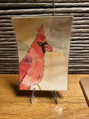 aceo original painting Watercolor Bird Cardinal - Image 1 of 2