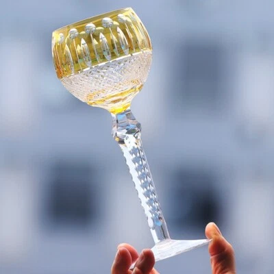 Bohemian French Style Yellow Wine Glass Hand Cut To Crystal Goblet 5oz - Image 1 of 4