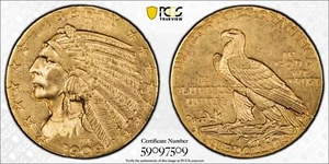 PCGS MS64 1909-D oro $5 testa di indiano mezza aquila cinque dollari - Foto 1 di 3