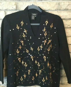 PECK & PECK 3/4 Sleeve SILK blend XL SWEATER Black LOTS of A+ EMBELLISHMENTS - Picture 1 of 11