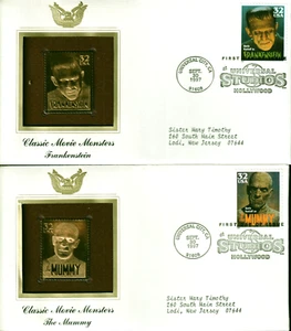 #3168-72 Gold FDC 1997 Classic Movie Monsters Frankenstein Wolfman Dracula Mummy - Picture 1 of 4