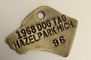 Vtg 1968 Dog License Brass  Tag: HAZEL PARK MI;  (Detroit Area); Dog Head Shaped - Picture 1 of 1