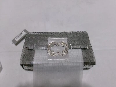 H672 NINA Fringe Sequin Baguette Handbag with Crystal Buckle - Silver -Falcon FS - Image 1 of 4