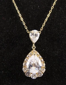 14K GOLD Over Sterling Silver STAUER DIAMONDAURA TEAR DROP PENDANT 18" Necklace - Picture 1 of 5