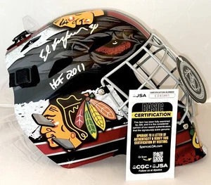 Ed Belfour signiert Chicago Blackhawks volle Größe Goalie Maske + HOF Inschrift JSA - Bild 1 von 2