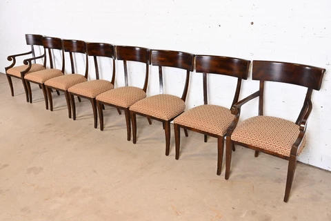 Baker Furniture Italian Regency Carved Walnut Klismos Dining Chairs, Eight Cover