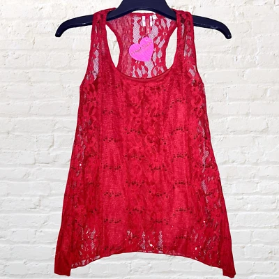 Heart Soul Red Lace Sequins Racerback Tank Top Size M Lined Y2K Floral Fairy NWT - Image 1 of 4