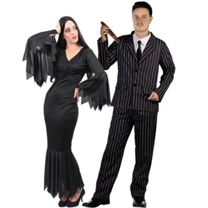 PAREJAS PERSONAJE GÓTICO DISFRAZ MUJER VESTIDO NEGRO HOMBRE TRAJE A RAYAS HALLOWEEN - Imagen 1 de 7