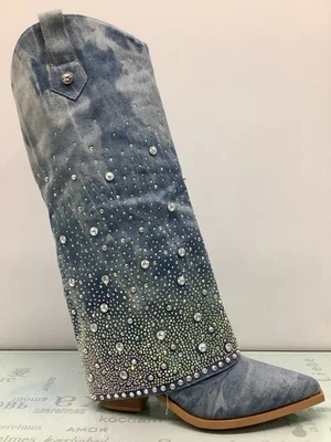 Azalea Wang Women's Diamond Studded Mellow-Denim Light Wash Boots  9 M,preowned - Image 1 of 4