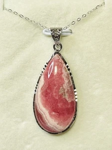 925 Silver Plated Bigger Pink Rhodochrosite Pendant 925 Sterling Silver Necklace - Picture 1 of 11