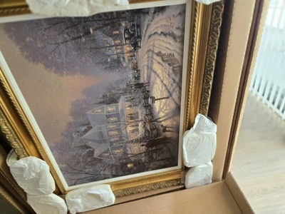 Винтажная библиотечная печатная стеклянная золотая деревянная рама Thomas Kinkaid «A Holiday Gathering» - Изображение 1 из 4