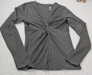 Prana Women Top MED Gray Twist Front Long Sleeve V-neck Workout Yoga Made in USA - Picture 1 of 10