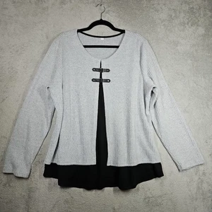 2 Buckle Front Fuzzy Soft Gray Split Front Sweater Over Black Tunic Flowy Sz XXL - Picture 1 of 15