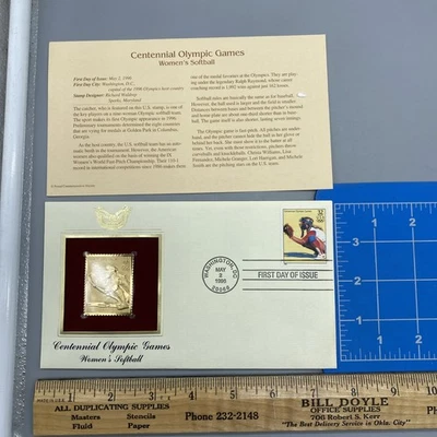 CENTENNIAL OLYMPIC GAMES 22K Gold Stamp First Day Issue 32 Cent WOMEN'S SOFTBALL - Image 1 of 4