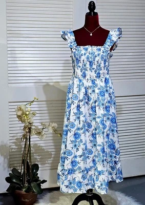 Haute Hippie Womens Blue White Floral Bohemian Cottagecore Midi Dress Sz 12 2795 - Image 1 of 4