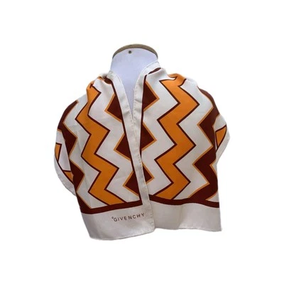 Bufanda de seda vintage H1# Givenchy estampado chevron en zigzag marrón naranja marfil Foto 1 de 4