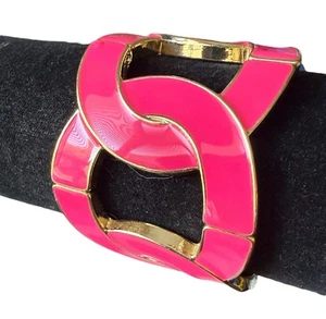 Vintage Extra Wide Hot Pink & Gold Tone Enamel Estate Stretch Bracelet Linked - Picture 1 of 10