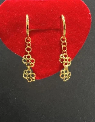 24K Yellow Gold Hoop Diamond Cut Earrings With Flower Charm Dangle - Image 1 of 4