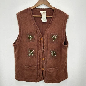 Northern Reflections Brown Knit Fall Leaves Embroidered Sweater Vest Grannycore - Picture 1 of 6