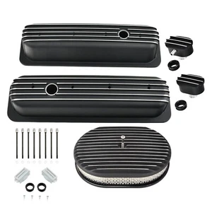 Black Tall Valve Cover & 12" Full Air Cleaner &Breather For SBC Chevy 350 87-97 - Picture 1 of 12
