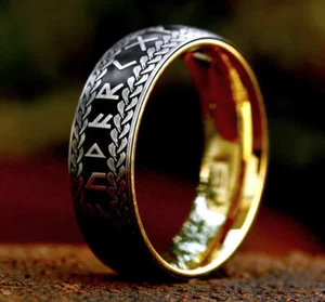 316L EDELSTAHL *** Runen Futhark Wikinger Ring Bandring Runenring, schwarz-gold - Picture 1 of 9