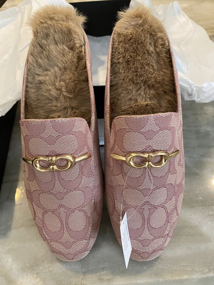 Coach Sienna Sherpa Slide Pink 7.5 C7027 Fur Slip Ons Signature Logo