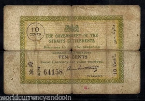 STRAITS SETTLEMENTS 10 CENTS P-6 1920 RARE MALAYSIA SINGAPORE CURRENCY BANK NOTE - Picture 1 of 3