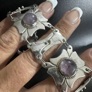 "BRAZALETE VINTAGE ANCHO MÉXICO HECHO ARTESANALMENTE PLATA ESTERLINA Y AMATISTA 7,5""" - Imagen 1 de 24