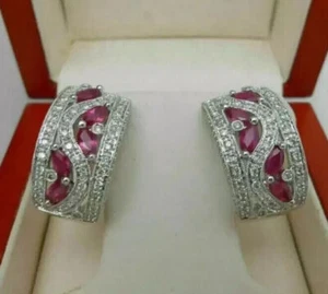 Art Deco Style 3Ct Created Ruby Hoop Huggie Women Earring 14K White Gold Plated - Picture 1 of 4