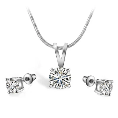 Silver Round Cubic Zircon CZ Ear Studs Earring and Necklace Women's Jewelry Set - Image 1 of 4